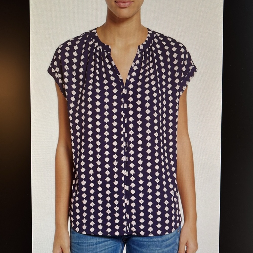 Pleione Blue and pink Relaxed Blouse with Notched Collar